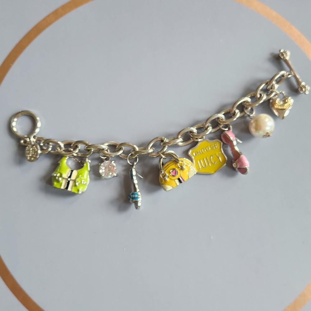 Juicy Couture Silver Tone 8 Charms Bracelet with Yellow and Pink Accents 2008 - Picture 12 of 17